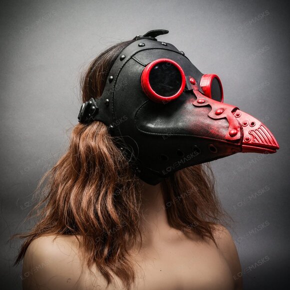 Black Steampunk Plague Doctor w/ RED Goggle Short Bird Beak Halloween Party Mask - Picture 6 of 6